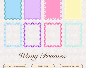 May include: Set of eight wavy frames in various colours, including light blue, purple, pink, yellow, and teal. The frames are all the same size and shape, with a wavy border. The text "Wavy Frames" is written below the frames. The text "Instant Download", "SVG / PNG", and "Commercial Use" is written below the text "Wavy Frames".