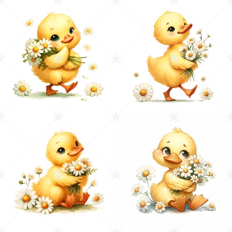 Watercolor Duck and Daisy Flowers, Cute Duck Clipart, Floral Animal ...