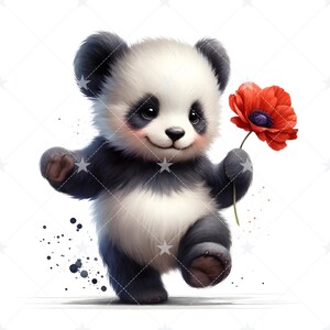 May include: A cute, cartoon-style panda bear with black and white fur is holding a red poppy flower. The panda is smiling and has a happy expression on its face.