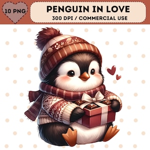 Imágenes Prediseñadas de pingüino lindo, conjunto de pingüinos de acuarela, pingüino de amor, imágenes prediseñadas de animales, pingüino floral, imágenes prediseñadas románticas, descarga digital, artesanía de papel