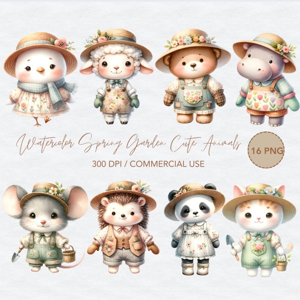 Watercolor Spring Garden  Cute Animals Clipart, Bear Cat Mouse Panda Sheep Hippo Bird Hedgehog, Floral Animal, Digital Download, Paper Craft