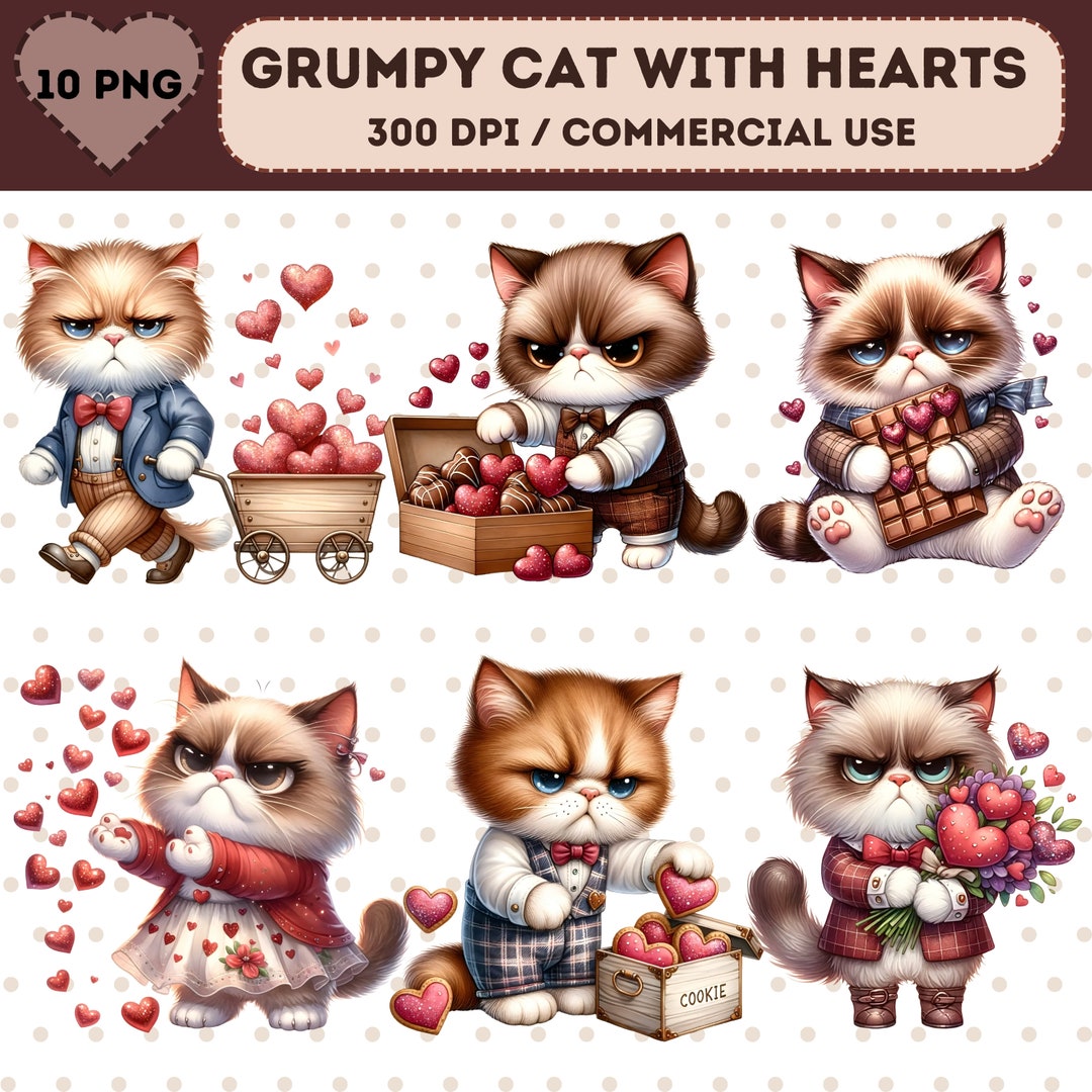 Grumpy Cat With Hearts Clipart, Watercolor Cute Cat, Valentines Day ...
