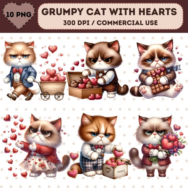 Grumpy Cat  with Hearts Clipart, Watercolor Cute Cat, Valentines Day Clipart, Funny Cat PNG, Digital Download, Romantic Cat PNG, Paper Craft