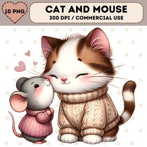 Lindo gato y ratón clipart, gato clipart, ratón clipart, animal lindo, día de San Valentín, ratón PNG, gato PNG, descarga digital, pareja romántica