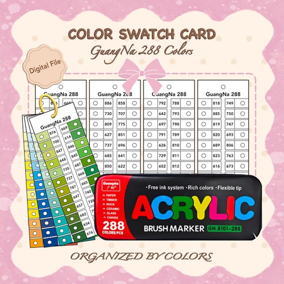 GuangNa 288 Colors Acrylic Brush Marker Swatch Card Template | Printable Paint Color Chart | Digital PDF