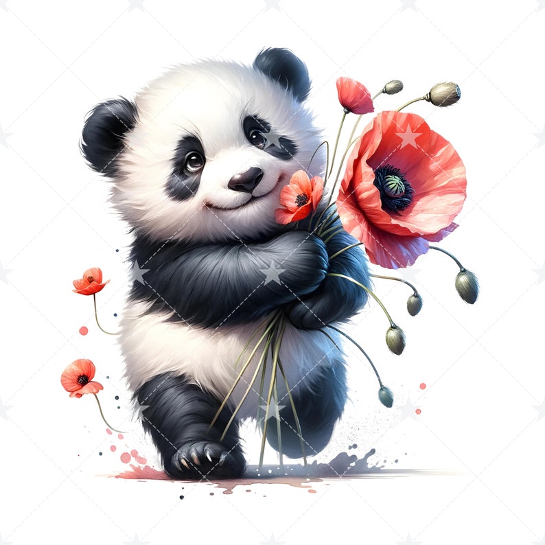 May include: A cute black and white panda bear holding a bouquet of red poppies. The panda is smiling and looking at the viewer.