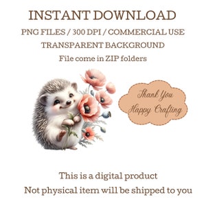May include: A cute cartoon hedgehog holding a bouquet of red poppies. The image has a transparent background and is available for commercial use.