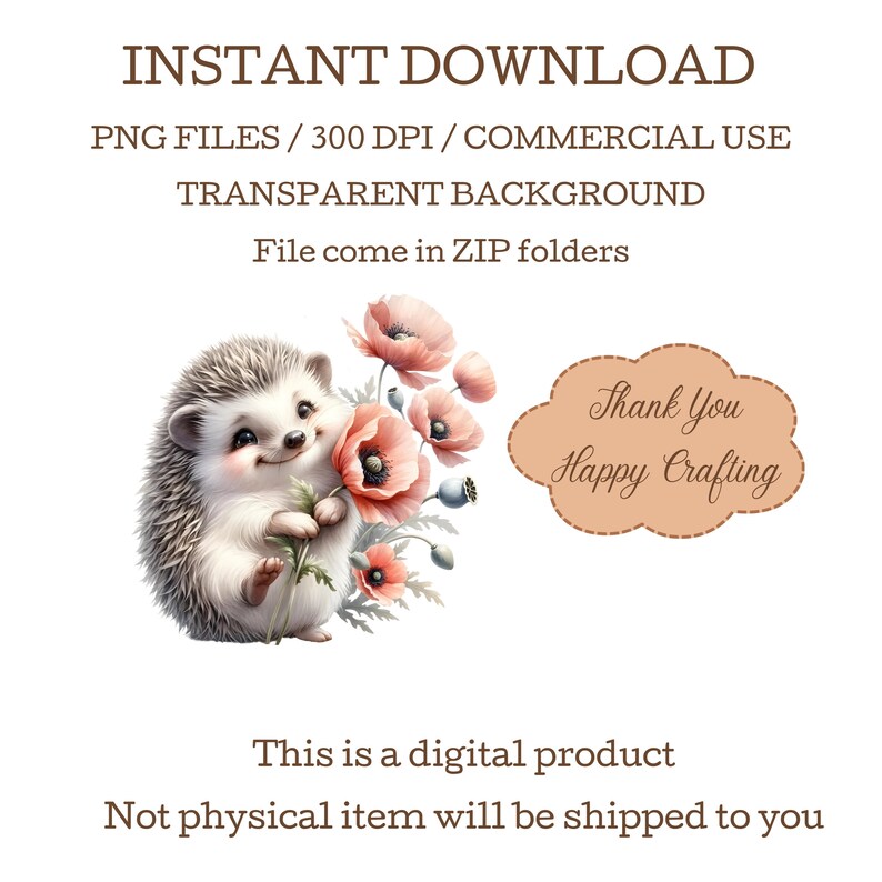 May include: A cute cartoon hedgehog holding a bouquet of red poppies. The image has a transparent background and is available for commercial use.