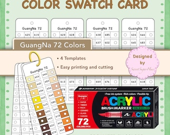 GuangNa 72 Colors Acrylic Brush Marker Swatch Card Template | Printable Color Chart | Digital PDF