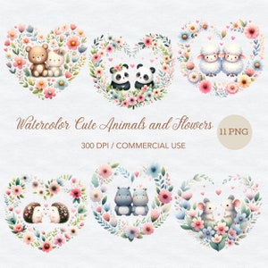 Clipart de animais fofos em aquarela e flores de primavera, animais florais, animais de casal, animais e flores pastel, download digital, artesanato