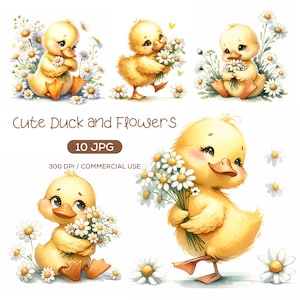 Aquarel eend en madeliefjebloemen, schattige eend clipart, bloemen dier, bloemen eend, madeliefjeboeket, kaarten maken, papierkunst, digitale download