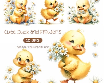Watercolor Duck Clipart: Daisy Bouquet, Floral Animal (Digital Download), Flowers Duck, Card Making