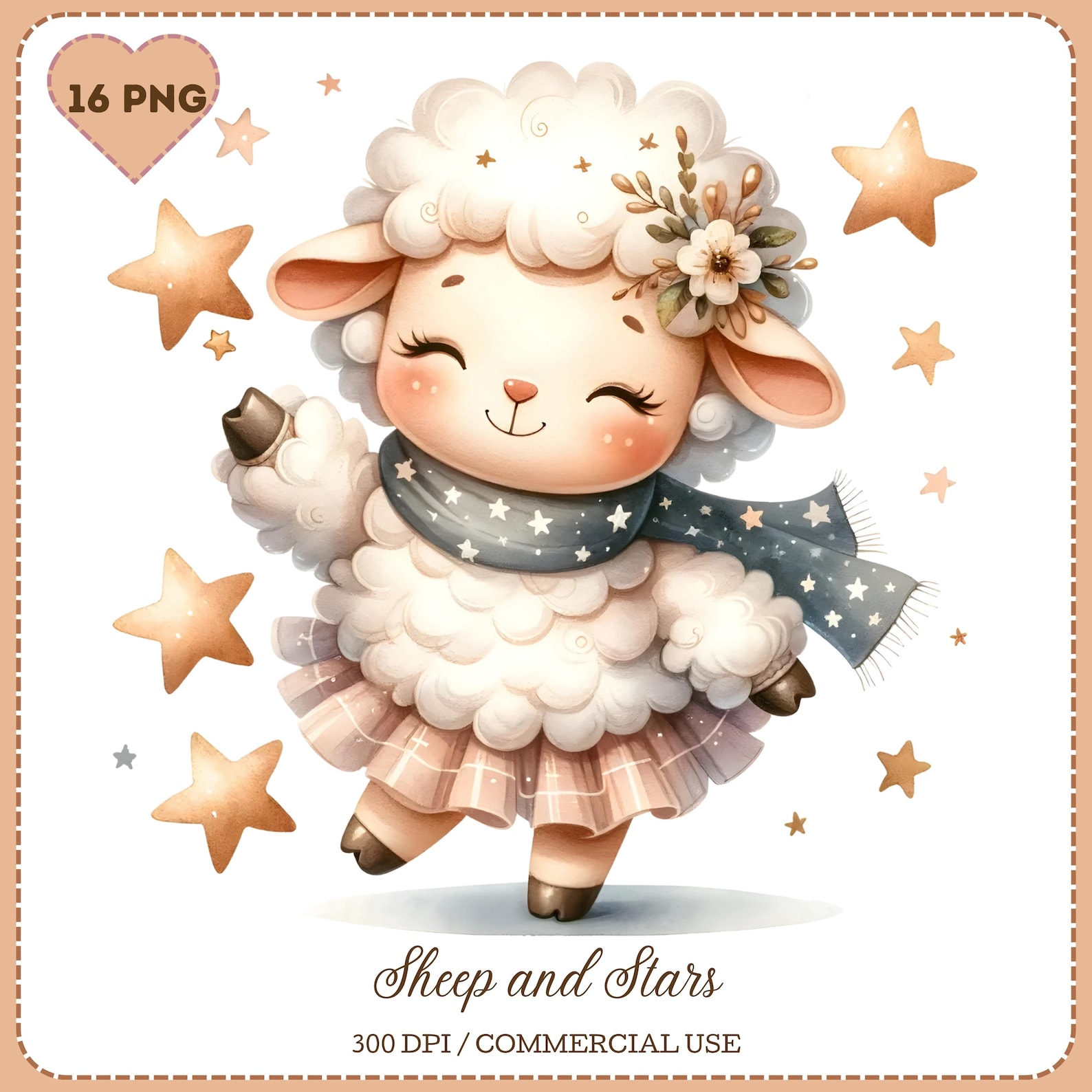 Cute Sheep Clipart, Sheep PNG, Sheep and Stars Collection, Watercolor ...