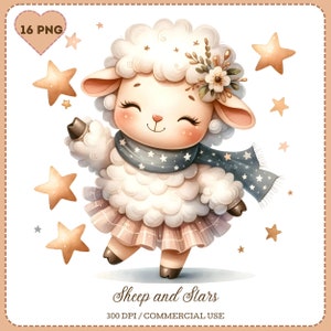 Clipart di pecore carine, PNG di pecore, collezione di pecore e stelle, Clipart di pecore dell'acquerello, arte animale, arte di pecora, artigianato con la carta, download digitale