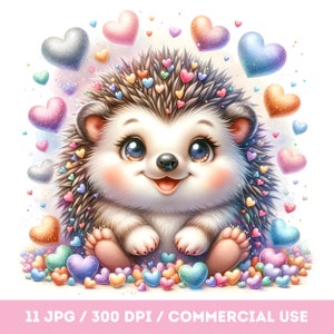 Clipart de ouriço e corações fofos, conjunto de ouriço em aquarela, coração brilhante, coração de amor de animais, download digital, álbum de recortes, criação de cartões