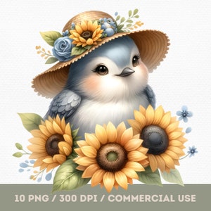 Aquarelle oiseau avec tournesols chapeau PNG Clipart, oiseau et fleur, Clipart animal mignon floral, fabrication de cartes, créations en papier, téléchargement numérique