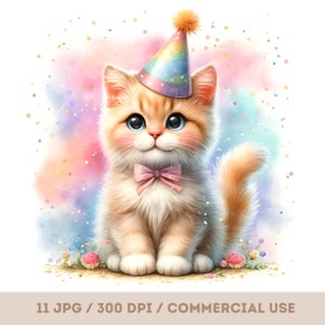 Clipart chapeau de fête chat heureux, chat mignon aquarelle, fête pastel, joyeux anniversaire, anniversaire de chat, fabrication de cartes, créations en papier, téléchargement numérique
