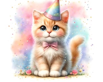 Watercolor Cat Birthday Clipart, Party Hat, Pastel Colors (Digital Download)