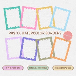 Borde de acuarela pastel, clipart de marco colorido y lindo, borde dibujado a mano, marco ondulado, borde de salpicadura de acuarela, marcos de garabatos, bordes de página