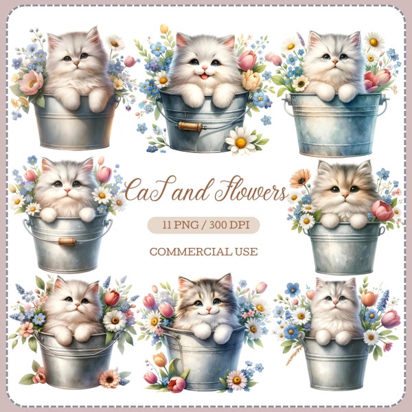 Watercolor Cat and Flowers in Bucket Clipart, Cute Cat and Spring Flowers Print, Floral Clipart, Digital Download, Paper Craft, Card Making