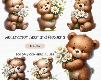 Watercolor Bear Clipart: Daisy Bouquet, Floral Animal (Digital Download)