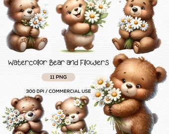 Watercolor Bear and Daisy Flowers, Cute Bear Clipart, Floral Animal, Flowers Bear, Daisy Bouquet, Digital Download, Paper Craft, Card Making