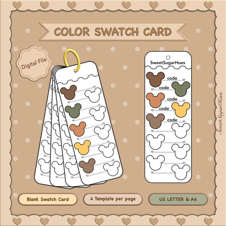 May include: A digital color swatch card template featuring a fan-style deck of white tags held by a yellow ring. Each tag displays mouse-shaped icons with brown, olive green, orange, and yellow colors, alongside the text "COLOR SWATCH CARD" and "SweetSugarHues".