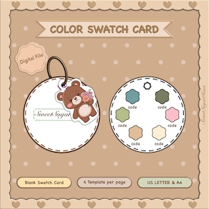Peut inclure: Une carte d'échantillons de couleurs numériques avec un ours en peluche marron tenant des fleurs. La carte comprend une carte d'échantillons vierge, une palette de couleurs et le texte "Sweet Sugar". La carte est étiquetée "Digital File".