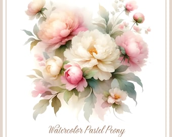 Watercolor Pastel Peony Flowers Clipart, Abstract Peony JPGs, Pink and White Peony Bouquets, Digital Download, Paper Craft, Card Making