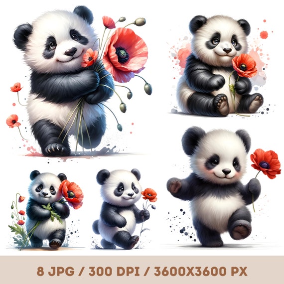 Watercolor Panda Clipart: Poppy Flowers, Floral Animal (Digital Download)