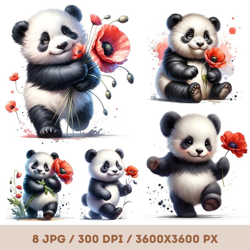 May include: Eight digital illustrations of cute pandas holding red poppies. The pandas are in various poses, some are sitting, some are standing, and some are walking. The background is a white watercolor wash.