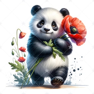 May include: A cute cartoon panda bear holding a bouquet of red poppies. The panda is standing on a white background with a few green leaves and red poppies in the background.