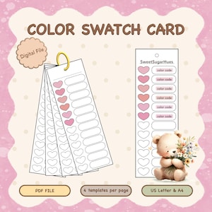 Könnte beinhalten: Eine Farbmusterkarte mit dem Text "COLOR SWATCH CARD" und "Digital File". Die Karte zeigt herzförmige Farbmuster in Rosatönen mit dem Text "color code". Ein Teddybär, der Blumen hält, ist ebenfalls abgebildet.
