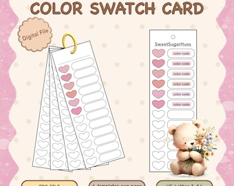 May include: A color swatch card with the text "COLOR SWATCH CARD" and "Digital File". The card features heart-shaped color swatches in shades of pink, with the text "color code". A teddy bear holding flowers is also shown.