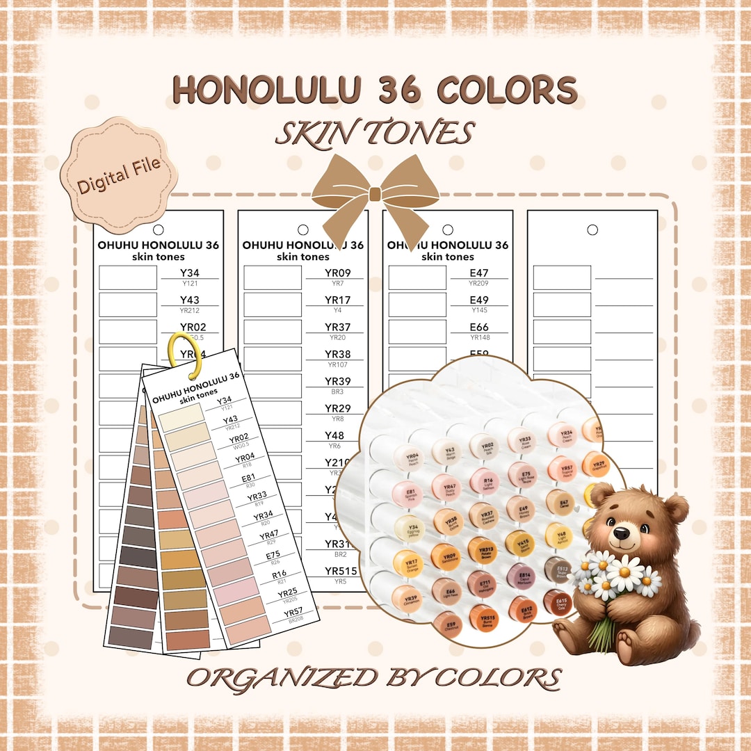 Ohuhu Honolulu 36 Colors Skin Tones, Alcohol Marker Swatch Chart ...