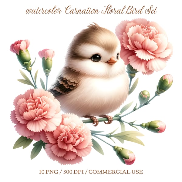 Watercolor Carnation Bird Clipart Set, Pink Floral Digital PNG, Bird and Flower Illustration for Scrapbooking, Card Making & Commercial Use