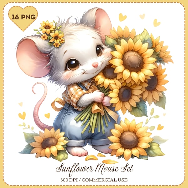 Sunflower Mouse Set, Cute Digital Mouse Clipart, Floral Anima Clipart, Flower and mouse, floral Mouse, Digital Download, Digital Paper Craft