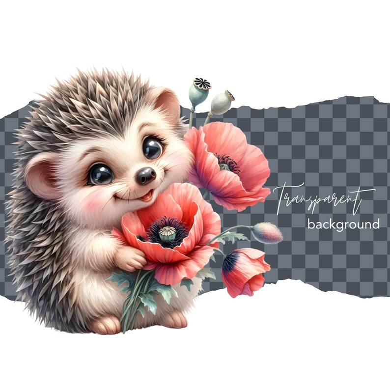 May include: A cute cartoon hedgehog with a friendly expression holds a bouquet of red poppies. The hedgehog has a gray and white spiky coat and is standing on a transparent background.