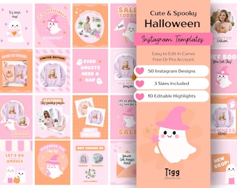 Cute Halloween Instagram Templates | Pink Orange Canva Social Media Kit | Small Business Posts