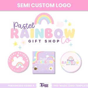 May include: A semi-custom logo design for Pastel Rainbow Gift Shop featuring a rainbow, clouds, and stars in pastel colours. The graphic includes three circular and square variations with a bee and flower icon, all set against a white background.