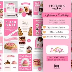 Puede incluir: Una colección de plantillas de Instagram con temática rosa para una panadería, con varias imágenes de galletas, textos como Flash Sale, Q&A y Giveaway, y la marca Cookie Dough Co. Incluye formatos cuadrados, verticales y de historia.