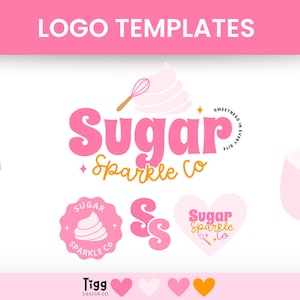 以下が含まれることがあります： Sugar Sparkle Co.というテキストが入ったロゴテンプレートのコレクション。ピンクの泡立て器、アイシングの渦巻き、ハート型、円形のバッジなどのデザインが含まれています。カラーパレットは、ソフトピンク、ホワイト、オレンジのアクセントで構成されています。