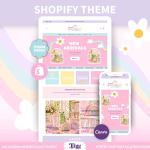 Peut inclure: Un modèle de thème de site web Shopify affiché sur un écran d'ordinateur et un écran de téléphone mobile. L'interface présente une palette de couleurs rose pastel et bleu clair avec des graphismes arc-en-ciel, des icônes de fleurs et des images.
