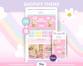 May include: A Shopify website theme template displayed on a desktop monitor and a mobile phone screen. The interface features a pastel pink and light blue color palette with rainbow graphics, flower icons, and product images of green frog mugs.