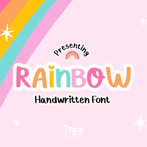 May include: A pink background with a rainbow design and the word "RAINBOW" in a colorful, handwritten font. The text "Presenting" and "Handwritten Font" are also included, along with star accents.