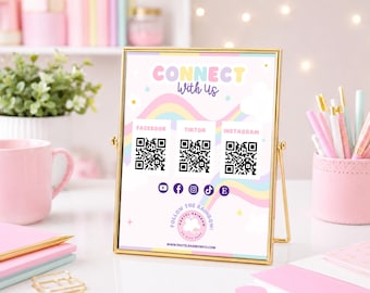 Cute Social Media QR Code Sign Template, Editable Canva Connect With Us Sign, Small Business Follow Us Sign, Facebook Instagram TikTok PRC01
