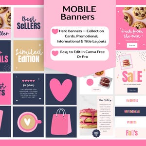 Pode incluir: Um design gr&aacute;fico de marketing digital em rosa e azul marinho, com o texto "MOBILE Banners", "Best Sellers", "New Arrivals" e "Latest Offers". O design inclui imagens de biscoitos, um telefone e uma sacola de compras.