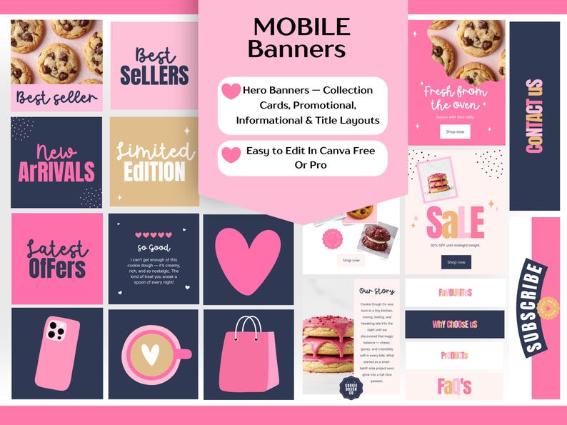 Pode incluir: Um design gr&aacute;fico de marketing digital em rosa e azul marinho, com o texto "MOBILE Banners", "Best Sellers", "New Arrivals" e "Latest Offers". O design inclui imagens de biscoitos, um telefone e uma sacola de compras.