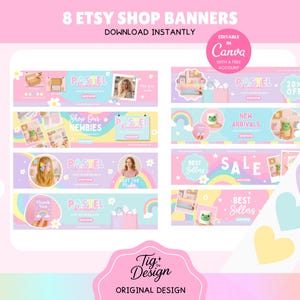 Etsy Shop Banners | 8 Canva Shop Banner Templates | Pastel Branding Kit | Cute Editable Etsy Cover Banners for Small Business