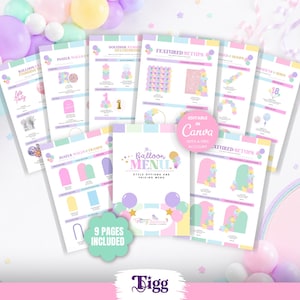 Puede incluir: Un conjunto de plantillas digitales de menú de globos con nueve páginas de opciones de decoración para fiestas. Los documentos muestran gráficos en tonos pastel, diseños de arcos de globos y configuraciones de eventos. Una insignia rosa indica Editable in Canva.